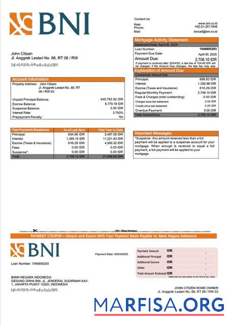 Downloadable Indonesia Bank Negara Indonesia (BNI) mortgage statement Word and PDF template